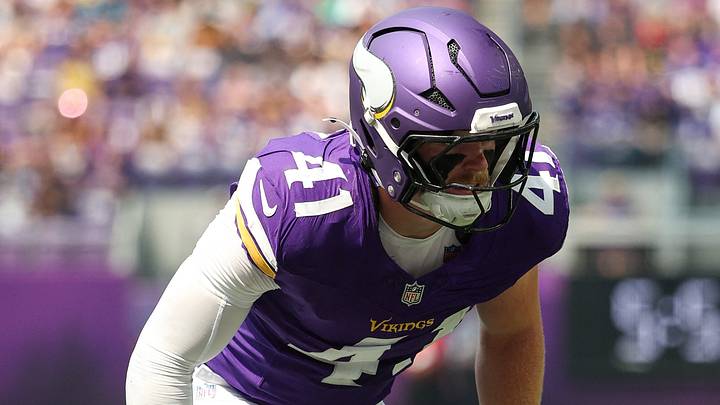 Aug 22, 2026; Minneapolis, Minnesota, USA; Minnesota Vikings linebacker Jake Golday (41) lines up against the Baltimore Ravens during the first half at U.S. Bank Stadium. Mandatory Credit: Matt Krohn-Imagn Images Aug 22, 2026; Minneapolis, Minnesota, USA; Minnesota Vikings linebacker Jake Golday (41) lines up against the Baltimore Ravens during the first half at U.S. Bank Stadium. Mandatory Credit: Matt Krohn-Imagn Images