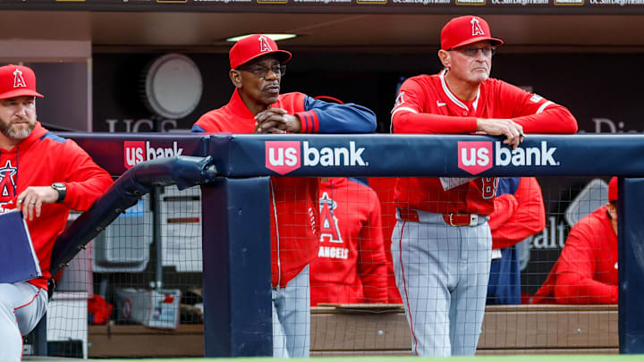 May 13, 2025; San Diego, California, USA; Los Angeles Angels manager Ron Washington (37) watches a play from the dugout during the second inning against the San Diego Padres at Petco Park. Mandatory Credit: David Frerker-Imagn Images