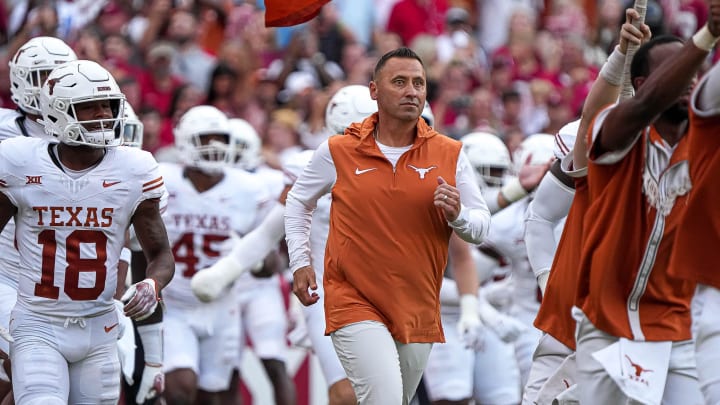 Texas Longhorns head coach Steve Sarkisian leads his team onto the field ahead of the game against Alabama at Bryant-Denny Stadium on Saturday, Sep. 9, 2023 in Tuscaloosa, Alabama.
