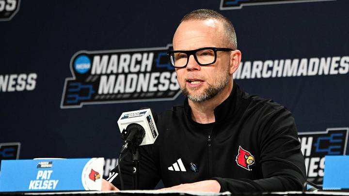 Mar 19, 2026; Buffalo, NY, USA; Louisville Cardinals head coach Pat Kelsey speaks at a postgame press conference after the game against the South Florida Bulls during a first round game of the men's 2026 NCAA Tournament at Keybank Center. Mandatory Credit: Mark Konezny-Imagn Images Mar 19, 2026; Buffalo, NY, USA; Louisville Cardinals head coach Pat Kelsey speaks at a postgame press conference after the game against the South Florida Bulls during a first round game of the men's 2026 NCAA Tournament at Keybank Center. Mandatory Credit: Mark Konezny-Imagn Images