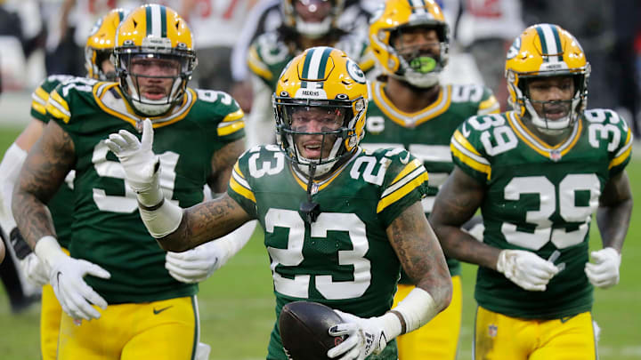 Green Bay Packers cornerback Jaire Alexander (23) celebrates a fourth quarter interception against the Tampa Bay Buccaneers during the NFC Championship game on Sunday, January 24, 2021, at Lambeau Field in Green Bay, Wis.
Wm. Glasheen USA TODAY NETWORK-Wisconsin