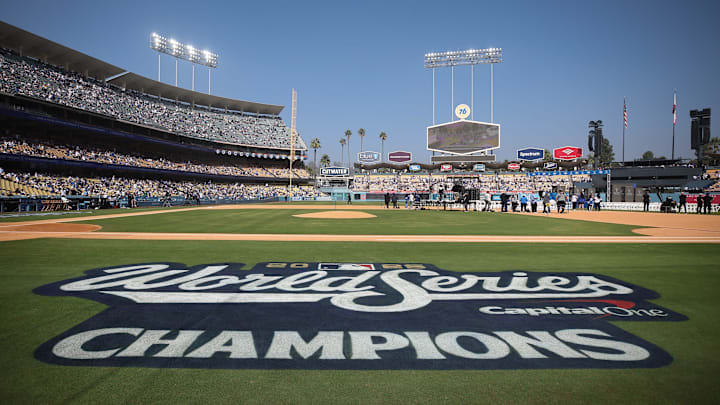 Dodger Stadium's infield shows off a display honoring the 2025 World Series champions in Los Angeles on Monday, Nov. 3, 2025. Dodger Stadium's infield shows off a display honoring the 2025 World Series champions in Los Angeles on Monday, Nov. 3, 2025.