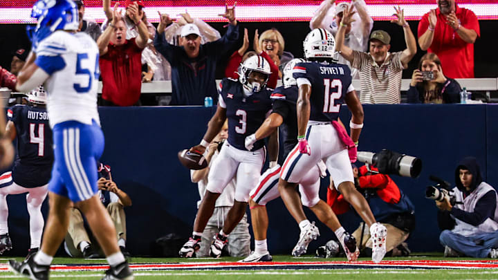 Oct 11, 2025; Tucson, Arizona, USA; Arizona Wildcats running back Kedrick Reescano (3) celebrates a touchdown  he made in the fourth quarter of the game against the Brigham Young Cougars at Arizona Stadium. Mandatory Credit: Aryanna Frank-Imagn Images