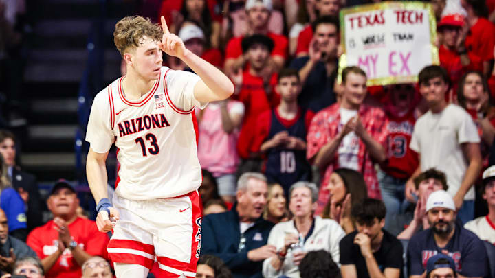 Feb 14, 2026; Tucson, Arizona, USA; Arizona Wildcats center Motiejus Krivas (13) points up to celebrate during the first half of the game against the Texas Tech Red Raiders at McKale Memorial Center. Mandatory Credit: Aryanna Frank-Imagn Images Feb 14, 2026; Tucson, Arizona, USA; Arizona Wildcats center Motiejus Krivas (13) points up to celebrate during the first half of the game against the Texas Tech Red Raiders at McKale Memorial Center. Mandatory Credit: Aryanna Frank-Imagn Images