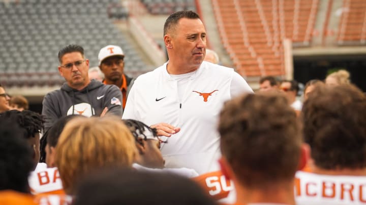 Texas Longhorns Head Coach Steve Sarkisian speaks to the team following the Longhorns' spring Orange and White game at Darrell K Royal Texas Memorial Stadium in Austin, Texas, April 20, 2024.