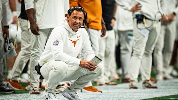 Texas Longhorns head coach Steve Sarkisian looks downfield while coaching in the second quarter as the Texas Longhorns play the Arizona State Sun Devils in the Peach Bowl College Football Playoff quarterfinal at Mercedes-Benz Stadium in Atlanta, Georgia, Jan. 1, 2025.