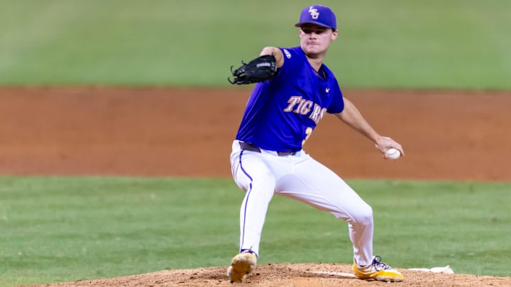 Tigers pitcher Kade Anderson on the mound as the LSU Tigers take on Dallas Baptist in the 2025 NCAA Div 1 Regional Baseball Championship at Alex Box Stadium in Baton Rouge, La., on May 31, 2025. Tigers pitcher Kade Anderson on the mound as the LSU Tigers take on Dallas Baptist in the 2025 NCAA Div 1 Regional Baseball Championship at Alex Box Stadium in Baton Rouge, La., on May 31, 2025.