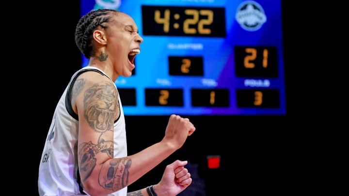 Brittney Griner, with the Phantom, celebrates a score on February 17, 2025. Brittney Griner, with the Phantom, celebrates a score on February 17, 2025.