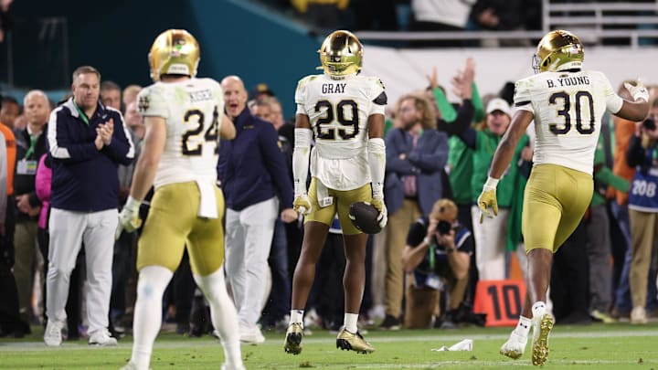 Jan 9, 2025; Miami, FL, USA; Notre Dame Fighting Irish cornerback Christian Gray (29) celebrates play in the second half against the Penn State Nittany Lions in the Orange Bowl at Hard Rock Stadium. Mandatory Credit: Nathan Ray Seebeck-Imagn Images Jan 9, 2025; Miami, FL, USA; Notre Dame Fighting Irish cornerback Christian Gray (29) celebrates play in the second half against the Penn State Nittany Lions in the Orange Bowl at Hard Rock Stadium. Mandatory Credit: Nathan Ray Seebeck-Imagn Images