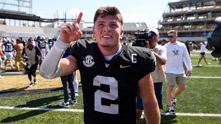 Aug 31, 2024; Nashville, Tennessee, USA;  Vanderbilt Commodores quarterback Diego Pavia (2) celebrates the win against the Virginia Tech Hokies at FirstBank Stadium. Mandatory Credit: Steve Roberts-USA TODAY Sports