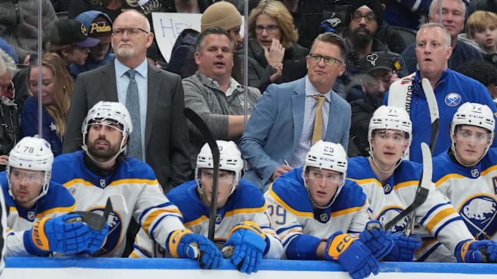 Dec 15, 2024; Toronto, Ontario, CAN; Buffalo Sabres head coach Lindy Ruff watches the play against theagainst the Toronto Maple Leafs during the third period at Scotiabank Arena. Mandatory Credit: Nick Turchiaro-Imagn Images