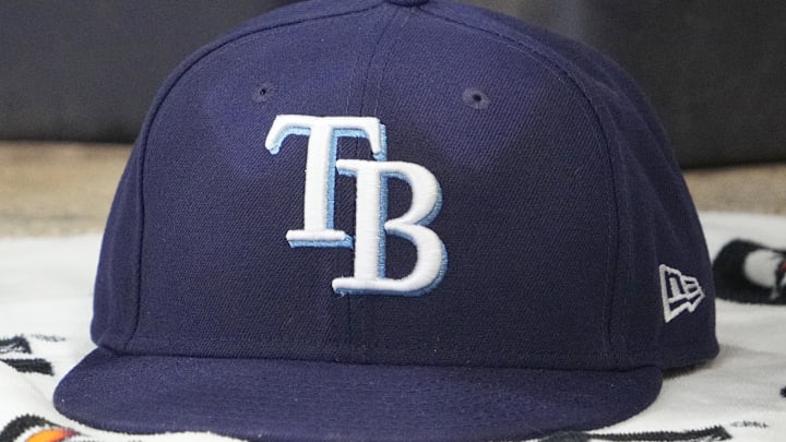 Mar 30, 2026; Milwaukee, Wisconsin, USA; A detailed view of the Tampa Bay Rays hat at American Family Field. Mar 30, 2026; Milwaukee, Wisconsin, USA; A detailed view of the Tampa Bay Rays hat at American Family Field.