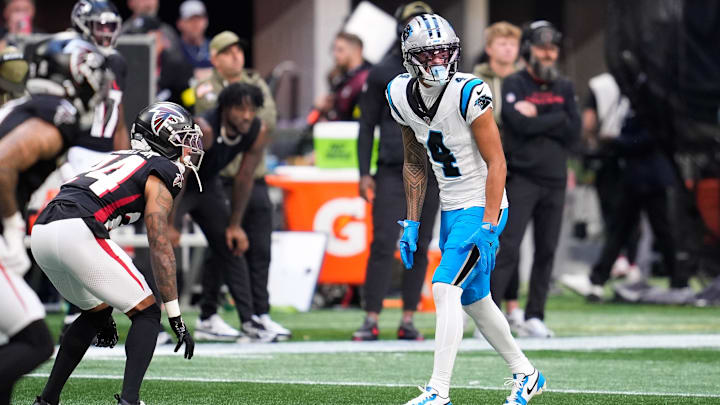 Nov 16, 2025; Atlanta, Georgia, USA; Carolina Panthers wide receiver Tetairoa McMillan (4) prepares for a play in the first half against the Atlanta Falcons at Mercedes-Benz Stadium. Mandatory Credit: Dale Zanine-Imagn Images