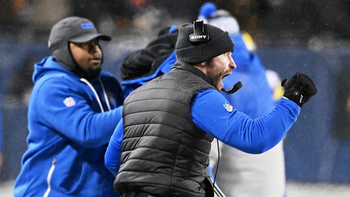 Rams head coach Sean McVay celebrates during his team's overtime win against the Bears on Sunday night. 
