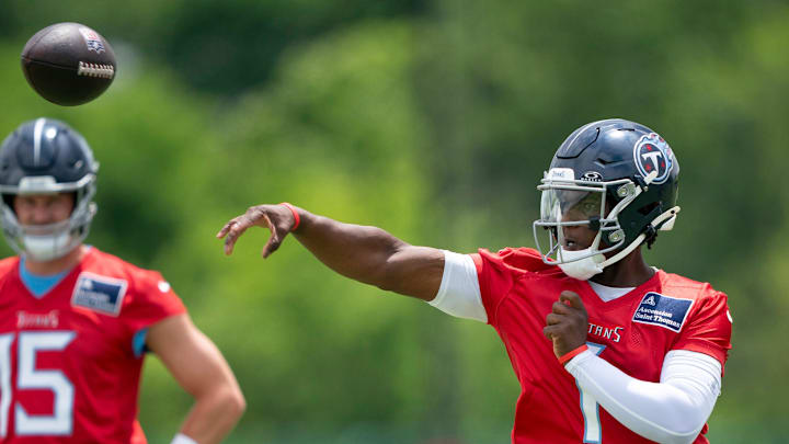 Tennessee Titans quarterback Cam Ward (1) throws in drills during OTAs at Ascension Saint Thomas Sports Park in Nashville, Tenn., Wednesday, May 28, 2025.