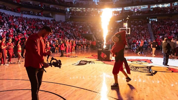 The Louisville Cardinal Bird struts around the floor during player introduction at the YUM Center, before a game against Florida State. Feb. 22, 2025 The Louisville Cardinal Bird struts around the floor during player introduction at the YUM Center, before a game against Florida State. Feb. 22, 2025