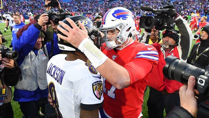 Baltimore Ravens quarterback Lamar Jackson (8) and Buffalo Bills quarterback Josh Allen. Baltimore Ravens quarterback Lamar Jackson (8) and Buffalo Bills quarterback Josh Allen.