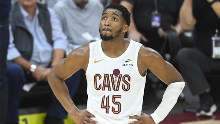 May 6, 2025; Cleveland, Ohio, USA; Cleveland Cavaliers guard Donovan Mitchell (45) reacts in the fourth quarter during game two of the second round of the 2025 NBA Playoffs against the Indiana Pacers at Rocket Arena. Mandatory Credit: David Richard-Imagn Images May 6, 2025; Cleveland, Ohio, USA; Cleveland Cavaliers guard Donovan Mitchell (45) reacts in the fourth quarter during game two of the second round of the 2025 NBA Playoffs against the Indiana Pacers at Rocket Arena. Mandatory Credit: David Richard-Imagn Images