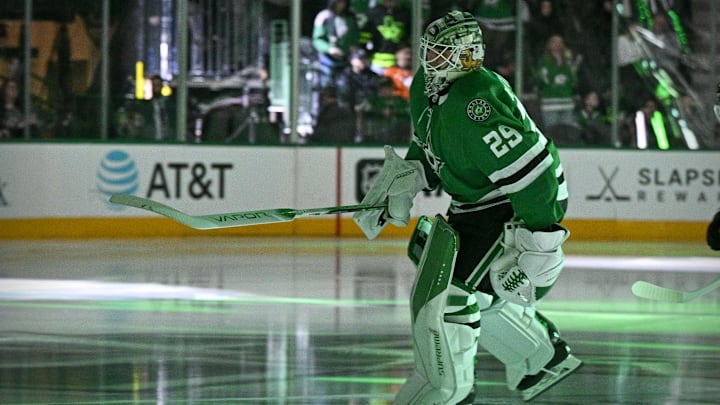 Jan 12, 2024; Dallas, Texas, USA; Dallas Stars goaltender Jake Oettinger (29) takes the ice to face