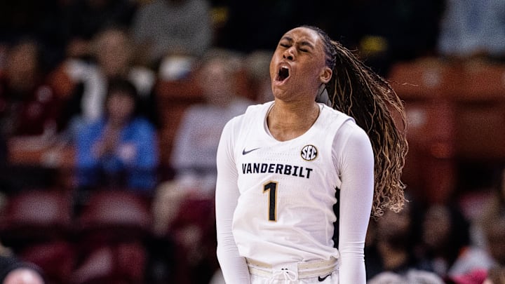 Mar 6, 2025; Greenville, SC, USA; Vanderbilt Commodores guard Mikayla Blakes (1) celebrates against the Tennessee Lady Vols during the first half at Bon Secours Wellness Arena. Mandatory Credit: Scott Kinser-Imagn Images