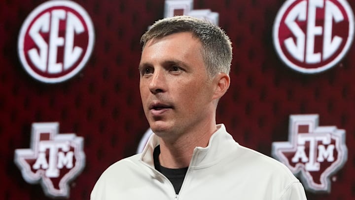 Texas A&M head coach Bucky McMillan speaks at SEC Media Day in the Grand Bohemian Hotel.