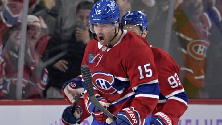 Nov 8, 2025; Montreal, Quebec, CAN; Montreal Canadiens forward Alex Newhook (15) celebrates after scoring a goal against the Utah Mammoth during the second period at the Bell Centre. Mandatory Credit: Eric Bolte-Imagn Images