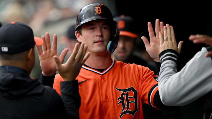 Apr 10, 2026; Detroit, Michigan, USA; Detroit Tigers catcher Dillon Dingler (13) celebrates in the dugout after scoring a run against the Miami Marlins in the first inning at Comerica Park. Mandatory Credit: Lon Horwedel-Imagn Images Apr 10, 2026; Detroit, Michigan, USA; Detroit Tigers catcher Dillon Dingler (13) celebrates in the dugout after scoring a run against the Miami Marlins in the first inning at Comerica Park. Mandatory Credit: Lon Horwedel-Imagn Images