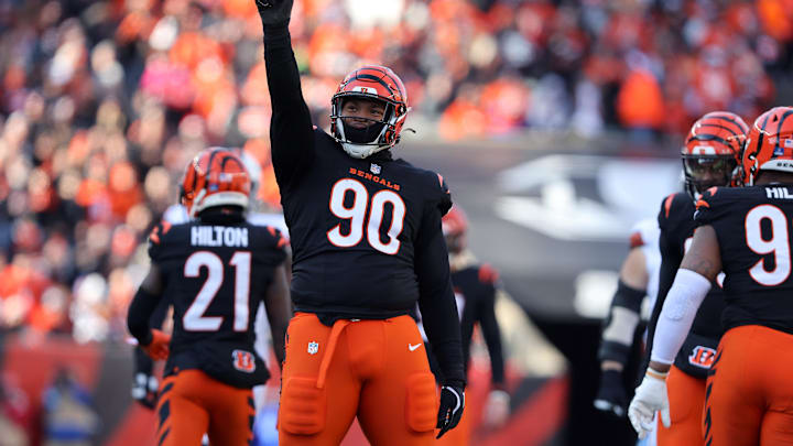 Dec 22, 2024; Cincinnati, Ohio, USA; Cincinnati Bengals defensive tackle Kris Jenkins Jr. (90) celebrates a sack during the first quarter against the Cleveland Browns at Paycor Stadium. Mandatory Credit: Joseph Maiorana-Imagn Images