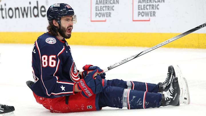 Jan 25, 2025; Columbus, Ohio, USA;  Columbus Blue Jackets right wing Kirill Marchenko (86) celebrates his game winning goal in overtime against the Los Angeles Kings at Nationwide Arena. Mandatory Credit: Joseph Maiorana-Imagn Images