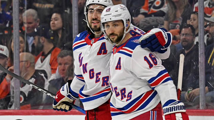 Mar 9, 2026; Philadelphia, Pennsylvania, USA; New York Rangers center Mika Zibanejad (93) and center Vincent Trocheck (16) celebrate a goal against the Philadelphia Flyers at Xfinity Mobile Arena. Mandatory Credit: Eric Hartline-Imagn Images