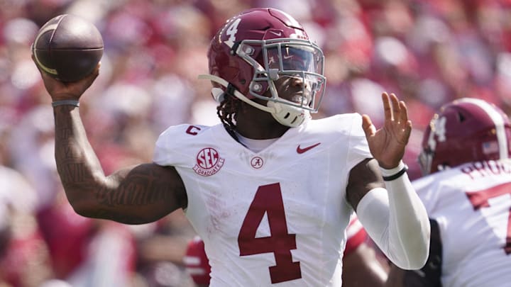 Sep 14, 2024; Madison, Wisconsin, USA; Alabama Crimson Tide quarterback Jalen Milroe (4) during the game against the Wisconsin Badgers at Camp Randall Stadium. Mandatory Credit: Jeff Hanisch-Imagn Images Sep 14, 2024; Madison, Wisconsin, USA; Alabama Crimson Tide quarterback Jalen Milroe (4) during the game against the Wisconsin Badgers at Camp Randall Stadium. Mandatory Credit: Jeff Hanisch-Imagn Images