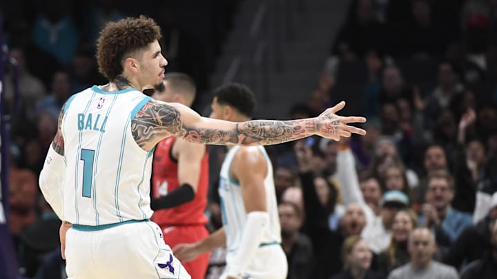 Nov 27, 2024; Charlotte, North Carolina, USA; Charlotte Hornets guard LaMelo Ball (1) reacts after scoring a three point basket during the first half against the Miami Heat at the Spectrum Center. Mandatory Credit: Sam Sharpe-Imagn Images Nov 27, 2024; Charlotte, North Carolina, USA; Charlotte Hornets guard LaMelo Ball (1) reacts after scoring a three point basket during the first half against the Miami Heat at the Spectrum Center. Mandatory Credit: Sam Sharpe-Imagn Images