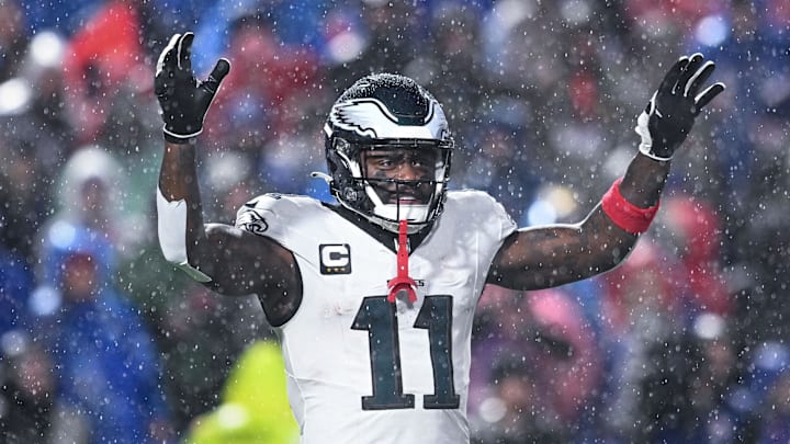 Philadelphia Eagles wide receiver A.J. Brown (11) during a timeout in the third quarter against the Buffalo Bills at Highmark Stadium. 
