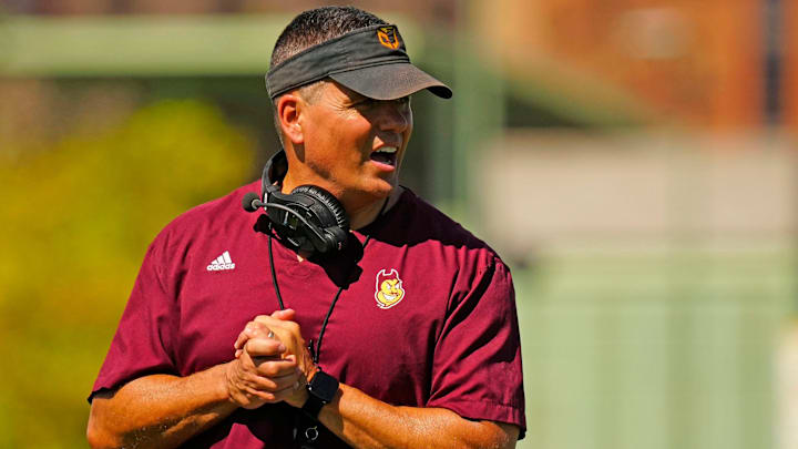 Arizona State defensive coordinator Brian Ward runs a drill for his secondary during the first day of fall practice in Tempe, Ariz. on July 30, 2025. Arizona State defensive coordinator Brian Ward runs a drill for his secondary during the first day of fall practice in Tempe, Ariz. on July 30, 2025.