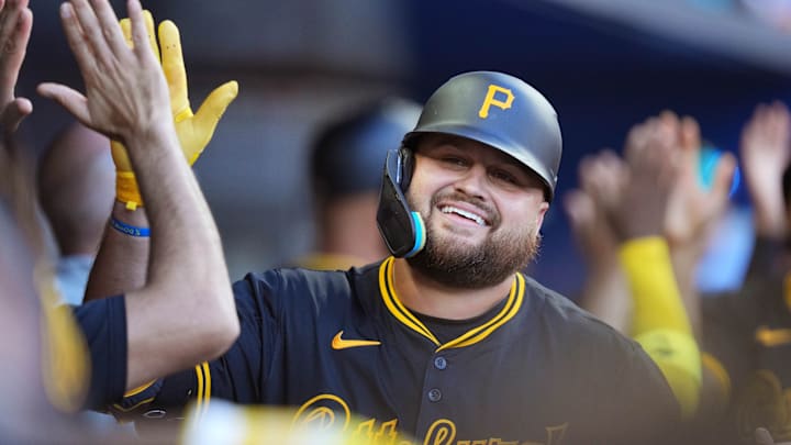 Mar 31, 2024; Miami, Florida, USA; Pittsburgh Pirates first baseman Rowdy Tellez (44) celebrates a two-run home run in the seventh inning to give the Pirates the lead over the Miami Marlins at loanDepot Park. Mandatory Credit: Jim Rassol-USA TODAY Sports Mar 31, 2024; Miami, Florida, USA; Pittsburgh Pirates first baseman Rowdy Tellez (44) celebrates a two-run home run in the seventh inning to give the Pirates the lead over the Miami Marlins at loanDepot Park. Mandatory Credit: Jim Rassol-USA TODAY Sports