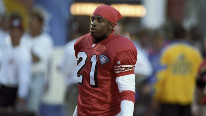 Jan 29, 1995; Miami, FL, USA; FILE PHOTO; San Francisco 49ers cornerback Deion Sanders (21) on the field prior to Super Bowl XXIX against the San Diego Chargers at Joe Robbie Stadium. San Francisco defeated San Diego 49-26. Mandatory Credit: Manny Rubio-Imagn Images