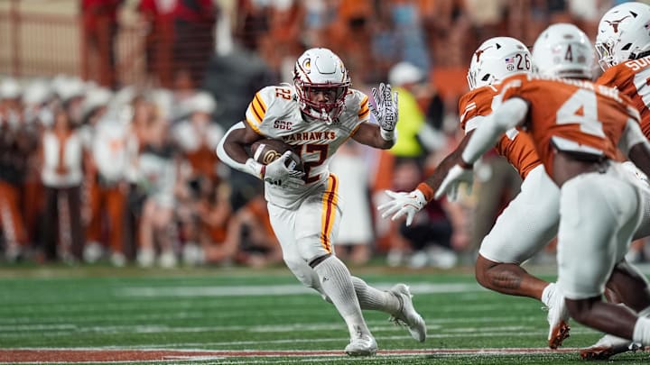 Sep 21, 2024; Austin, Texas, USA; Louisiana Monroe Warhawks running back Ahmad Hardy (22) runs the ball in the first half against the Texas Longhorns at Darrell K Royal-Texas Memorial Stadium. Mandatory Credit: Daniel Dunn-Imagn Images Sep 21, 2024; Austin, Texas, USA; Louisiana Monroe Warhawks running back Ahmad Hardy (22) runs the ball in the first half against the Texas Longhorns at Darrell K Royal-Texas Memorial Stadium. Mandatory Credit: Daniel Dunn-Imagn Images