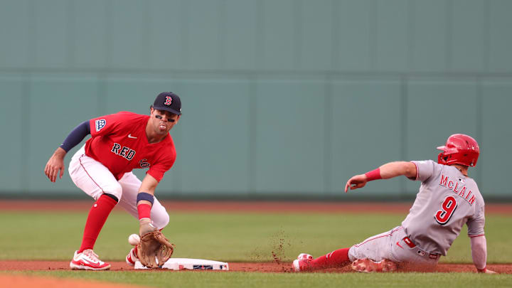 Jul 2, 2025; Boston, Massachusetts, USA; Cincinnati Reds shortstop Matt McLain (9) steals second past Boston Red Sox third baseman Marcelo Mayer (39) during the first inning against the Boston Red Sox at Fenway Park. Mandatory Credit: Paul Rutherford-Imagn Images Jul 2, 2025; Boston, Massachusetts, USA; Cincinnati Reds shortstop Matt McLain (9) steals second past Boston Red Sox third baseman Marcelo Mayer (39) during the first inning against the Boston Red Sox at Fenway Park. Mandatory Credit: Paul Rutherford-Imagn Images