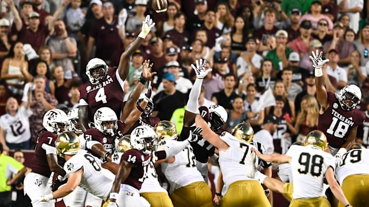 Aug 31, 2024; College Station, Texas, USA; Texas A&M Aggies defensive lineman Shemar Stewart (4) attempts to block the kicks during the second quarter against the Notre Dame Fighting Irish at Kyle Field. Mandatory Credit: Maria Lysaker-Imagn Images Aug 31, 2024; College Station, Texas, USA; Texas A&M Aggies defensive lineman Shemar Stewart (4) attempts to block the kicks during the second quarter against the Notre Dame Fighting Irish at Kyle Field. Mandatory Credit: Maria Lysaker-Imagn Images
