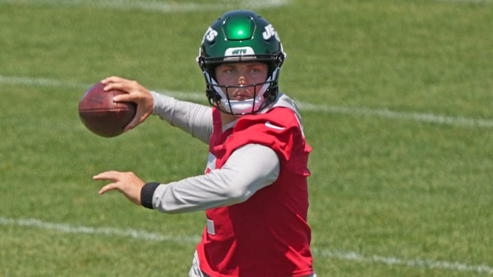 Florham Park, NJ May 31, 2023 -- Quarterback, Zach Wilson on the last day of Jets OTA's.