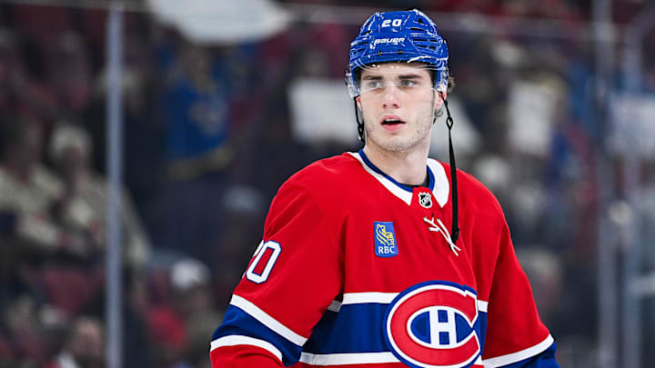 Jan 12, 2026; Montreal, Quebec, CAN; Montreal Canadiens left wing Juraj Slafkovsky (20) looks on during warm-up before the game against the Vancouver Canucks at Bell Centre. Mandatory Credit: David Kirouac-Imagn Images