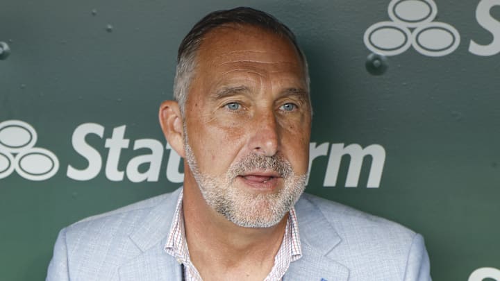 Jul 4, 2025; Chicago, Illinois, USA; St. Louis Cardinals president of baseball operations John Mozeliak speaks before a baseball game against the Chicago Cubs at Wrigley Field. Mandatory Credit: Kamil Krzaczynski-Imagn Images