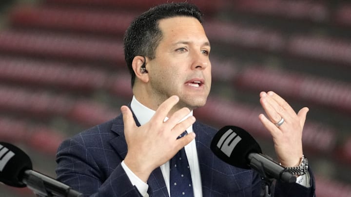 Jan 8, 2024; Houston, TX, USA; Adam Schefter talks on a set before the 2024 College Football Playoff national championship game between the Michigan Wolverines and the Washington Huskies at NRG Stadium. Jan 8, 2024; Houston, TX, USA; Adam Schefter talks on a set before the 2024 College Football Playoff national championship game between the Michigan Wolverines and the Washington Huskies at NRG Stadium.