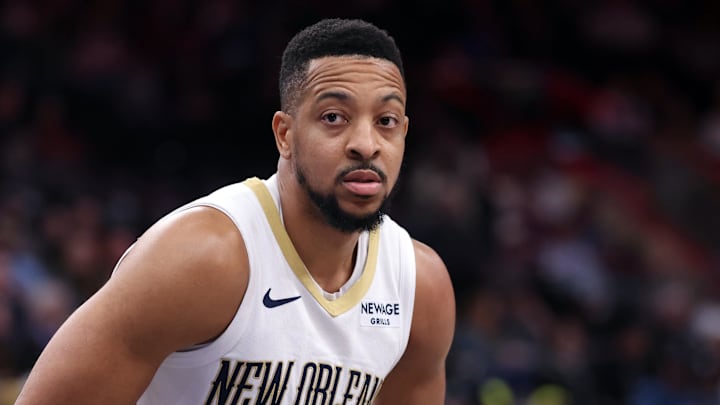 Mar 2, 2025; Salt Lake City, Utah, USA; New Orleans Pelicans guard CJ McCollum waits for the ball against the Utah Jazz during the first half at Delta Center. Mandatory Credit: Rob Gray-Imagn Images