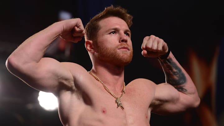 Nov 5, 2021; Las Vegas, Nevada, USA; Canelo Alvarez weighs in for his super middleweight championship boxing match against Caleb Plant (not pictured) at MGM Grand Garden Arena. Mandatory Credit: Joe Camporeale-Imagn Images