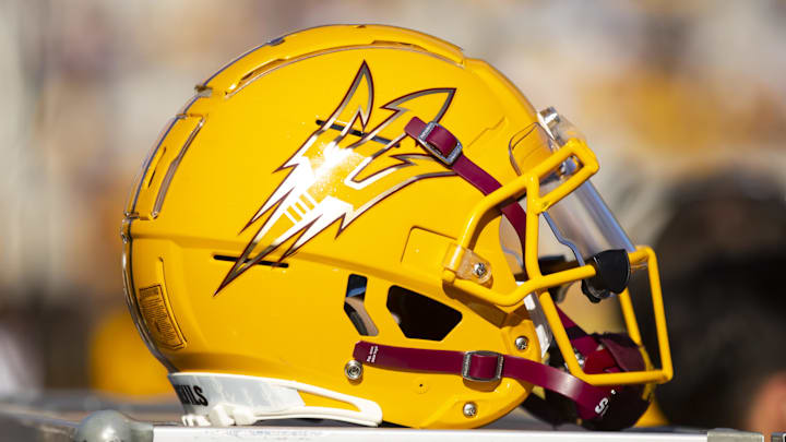Nov 19, 2022; Tempe, Arizona, USA; Detailed view of an Arizona State Sun Devils helmet at Sun Devil Stadium. Mandatory Credit: Mark J. Rebilas-Imagn Images Nov 19, 2022; Tempe, Arizona, USA; Detailed view of an Arizona State Sun Devils helmet at Sun Devil Stadium. Mandatory Credit: Mark J. Rebilas-Imagn Images