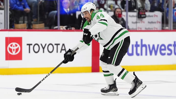 May 1, 2025; Denver, Colorado, USA; Dallas Stars defenseman Cody Ceci (44) shoots the puck in the first period against the Colorado Avalanche in game six of the first round of the 2025 Stanley Cup Playoffs at Ball Arena. Mandatory Credit: Ron Chenoy-Imagn Images