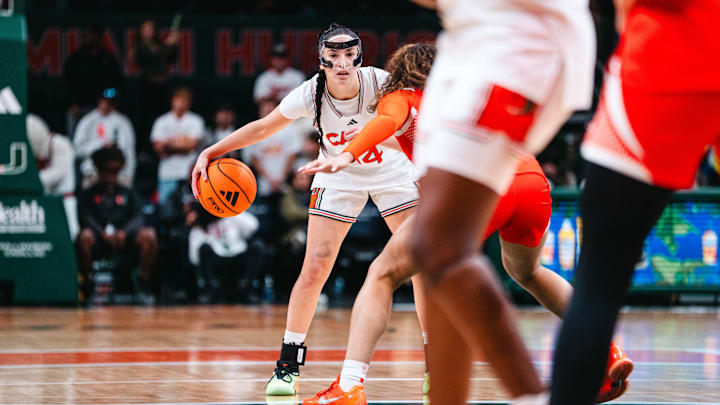 Miami women's basketball guard Gal Raviv handles the ball in earlier action against Syracuse. 