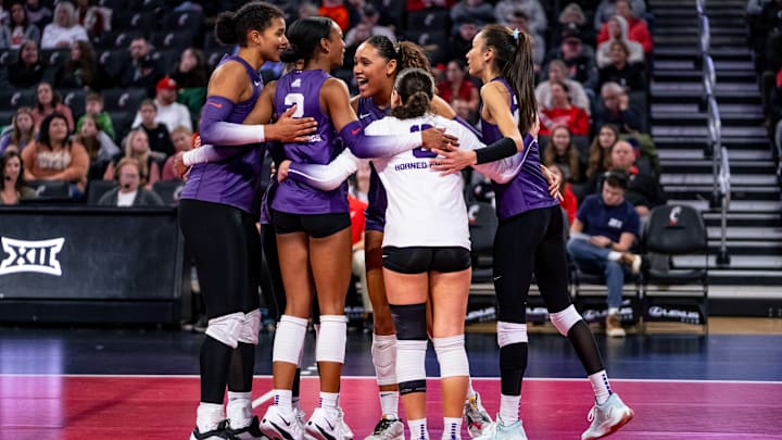 Nov. 30, 2024-TCU Volleyball players join together after a point is scored in their matchup against Cincinnati. Nov. 30, 2024-TCU Volleyball players join together after a point is scored in their matchup against Cincinnati.