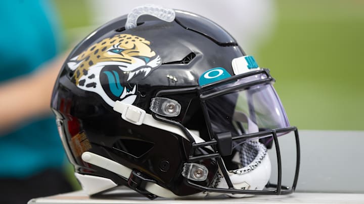 Sep 19, 2021; Jacksonville, Florida, USA; Detailed view of a Jacksonville Jaguars football helmet against the Denver Broncos at TIAA Bank Field. Mandatory Credit: Mark J. Rebilas-Imagn Images